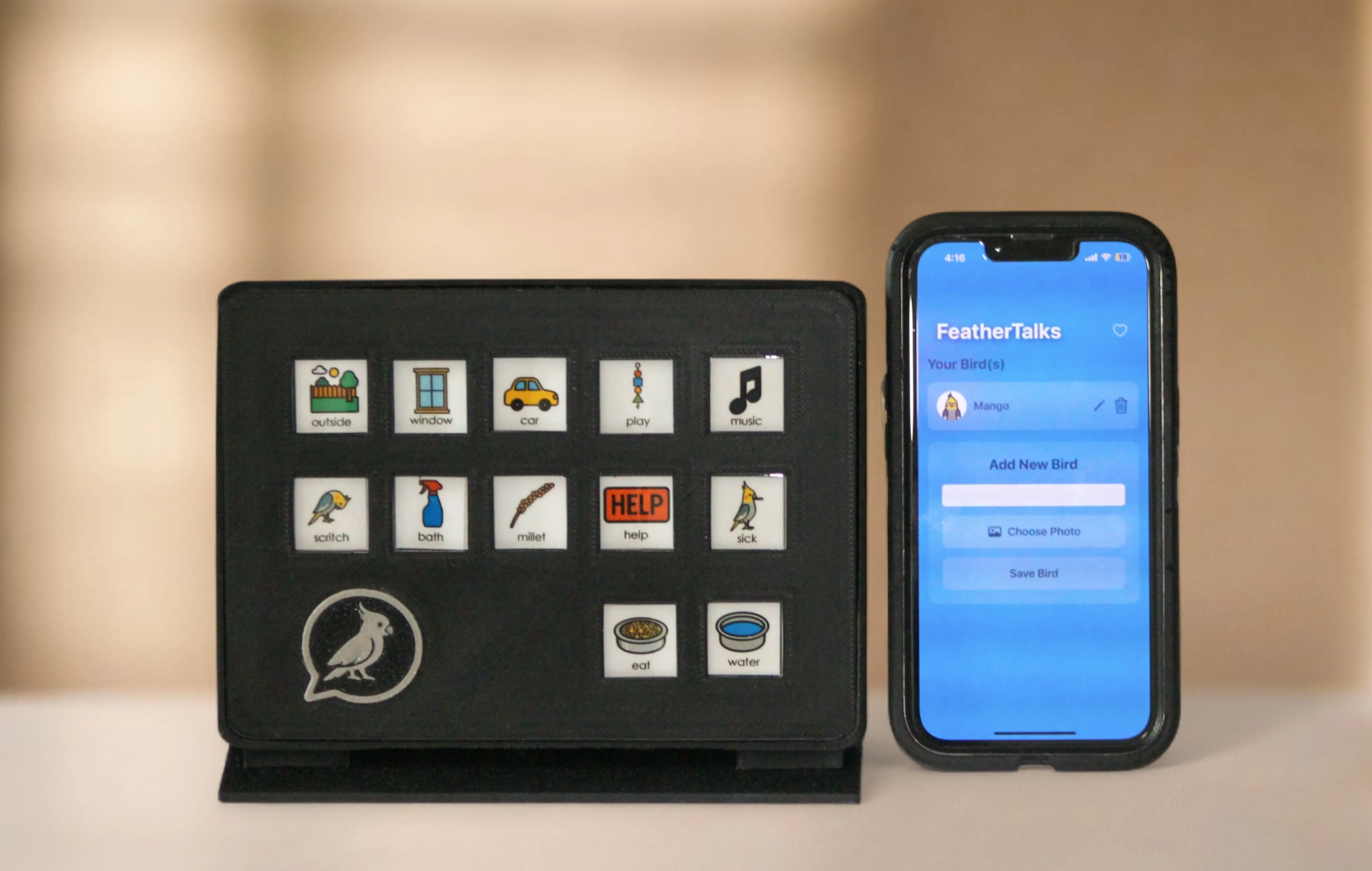 tablet-style AAC board and app for birds, cockatiels, small parrots showing benefits like training, bonding, tricks, and enrichment