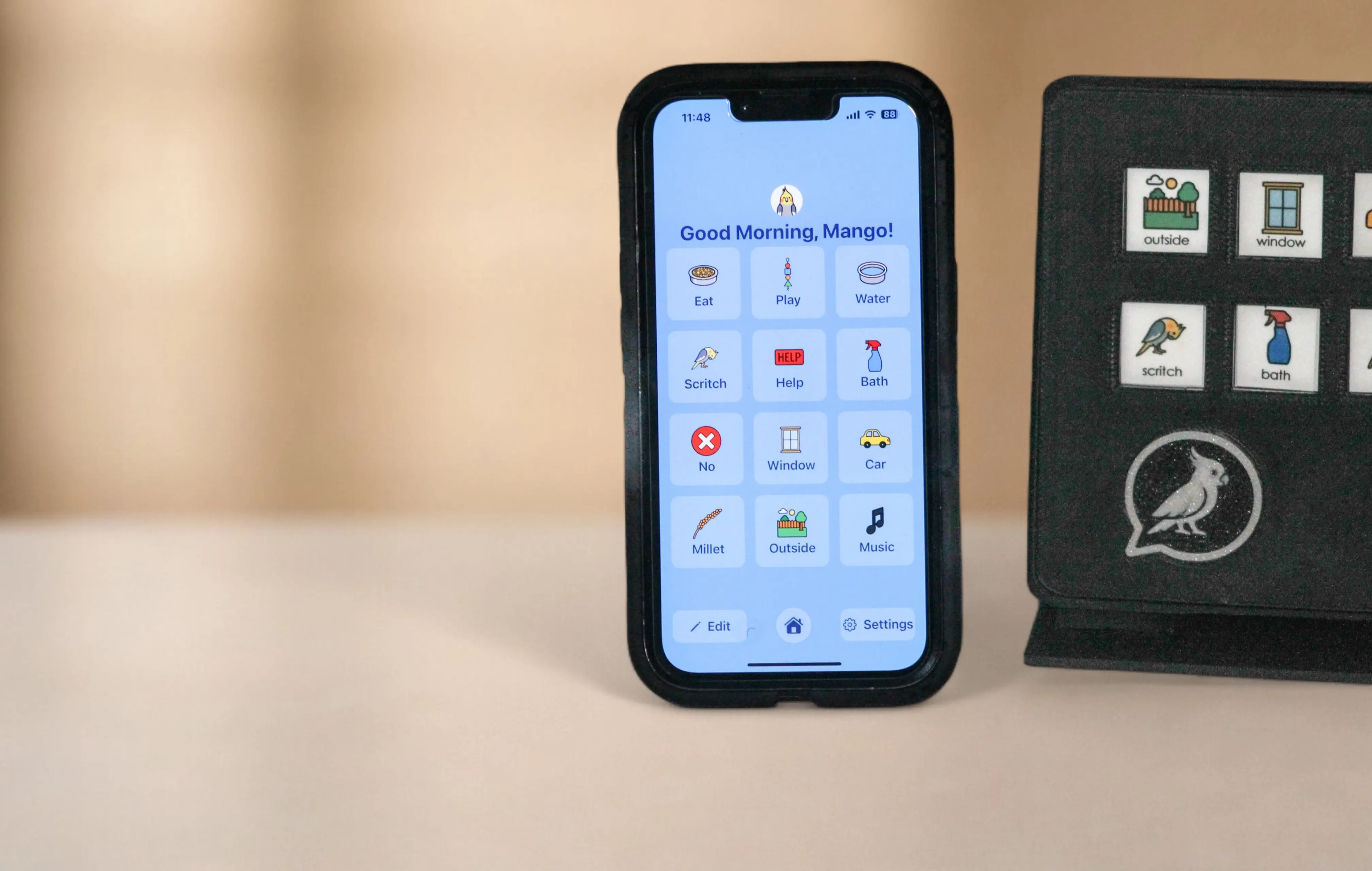 tablet-style AAC board and app for birds, cockatiels, small parrots showing benefits like training, bonding, tricks, and enrichment