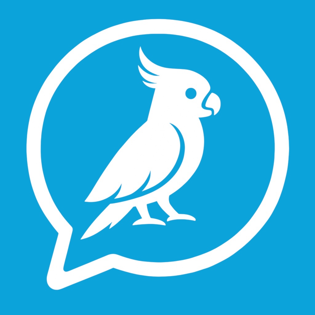 FeatherTalks logo, tablet-style AAC communication board for birds